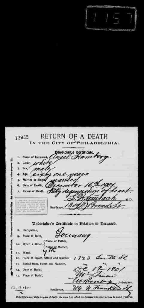 Ansel Hamberg death certificate 1901