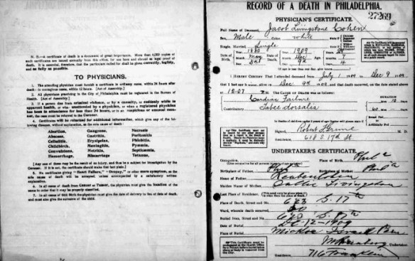 Jacob Livingston Cohen death certificate