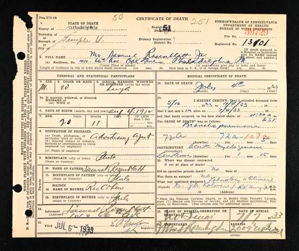 Samuel Rosenblatt, Jr. death certificate 1933