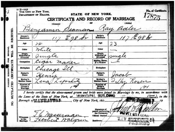 Ray Adler and Ben Seamon marriage certificate