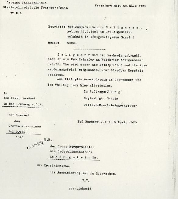 Gestapo letter re Moritz Seligmann