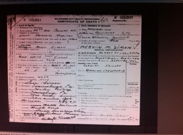 Mervyn Simon death certificate