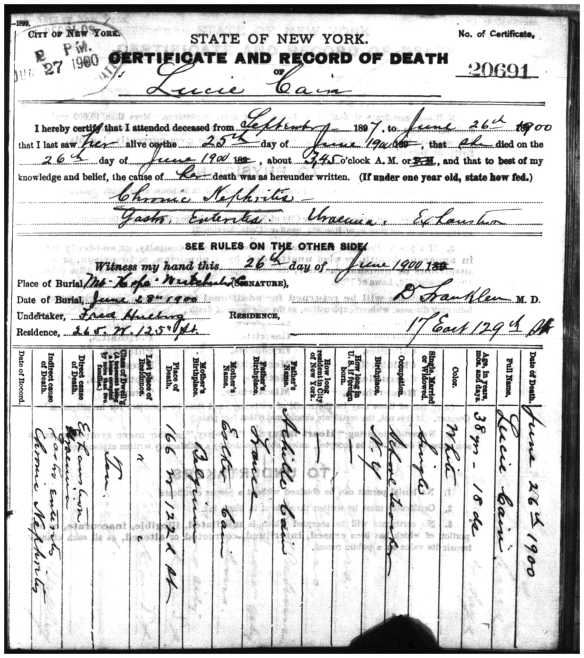 Death certificate for Lucie Cain, George Cain's sister