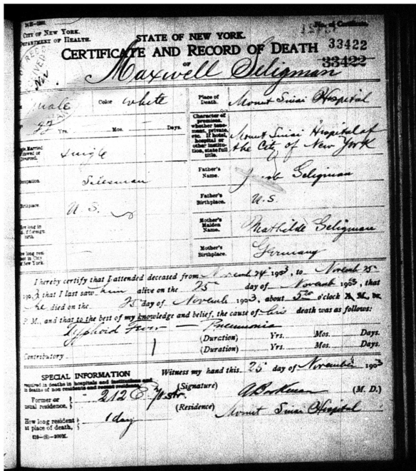 Maxwell Seligman death certificate 1903