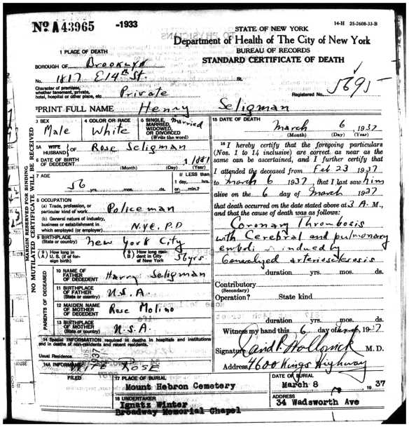 Harry (Henry) Seligman death certificate 1937