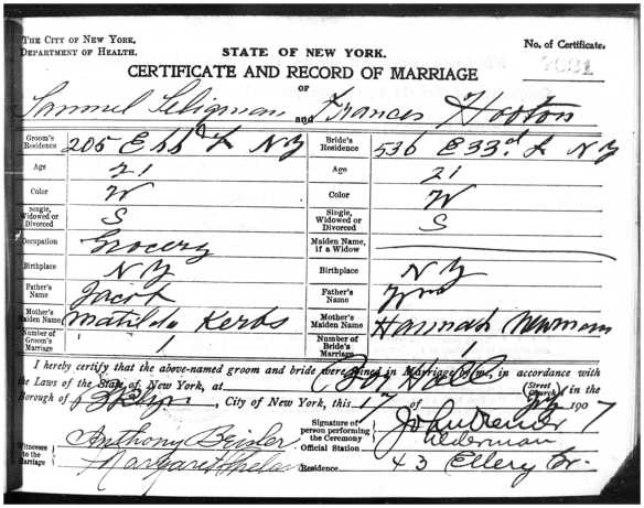 Marriage certificate of Samuel Seligman and Frances Hooton
