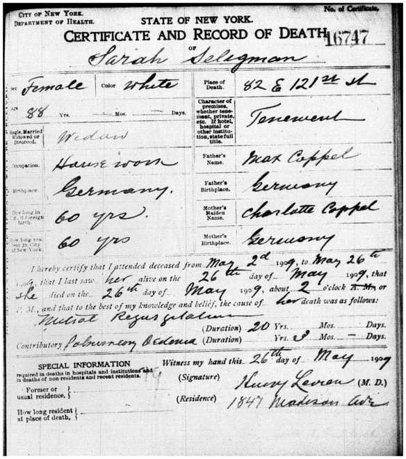 Death Certificate for Sarah Koppel Seligman, wife of Sigmund