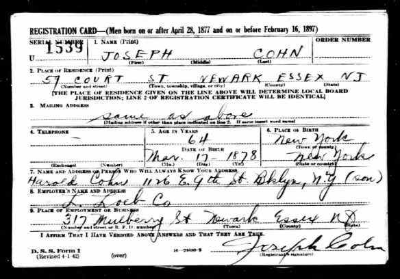 Joseoh Cohn World War II draft registration