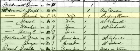 Simon Goldsmith and Joseph Benedict families on 1880 census Year: 1880; Census Place: Pittsburgh, Allegheny, Pennsylvania; Roll: 1092; Family History Film: 1255092; Page: 508D; Enumeration District: 122; Image: 0683