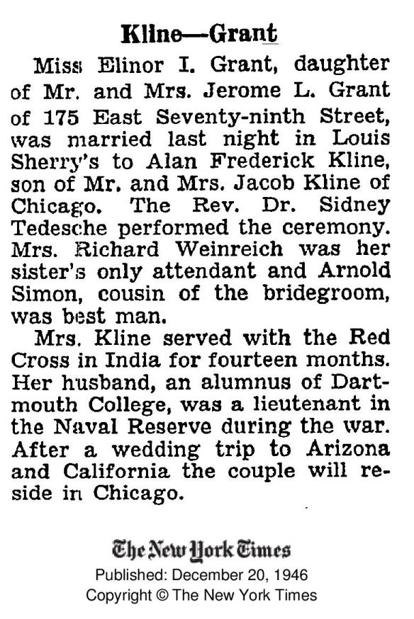 Elinor Grant wedding to Alan Kline 1946 NYTimes-page-001