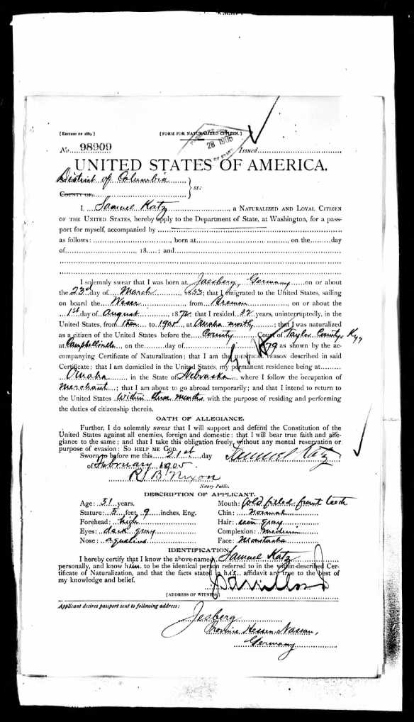 Samuel Katz 1905 passport application National Archives and Records Administration (NARA); Washington D.C.; NARA Series: Passport Applications, 1795-1905; Roll #: 669; Volume #: Roll 669 - 01 Feb 1905-28 Feb 1905