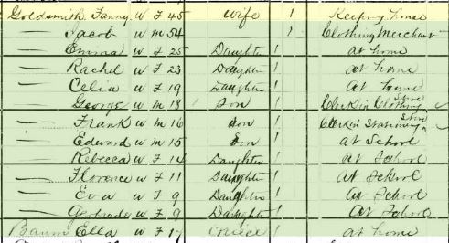 Jacob Goldsmith's family on 1880 census with Ella "Baum" Year: 1880; Census Place: Philadelphia, Philadelphia, Pennsylvania; Roll: 1173; Family History Film: 1255173; Page: 158D; Enumeration District: 210; Image: 0325