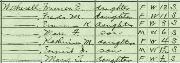 Frank Wetherill and family on 1910 census Year: 1910; Census Place: Camden Ward 5, Camden, New Jersey; Roll: T624_873; Page: 8A; Enumeration District: 0033; FHL microfilm: 1374886