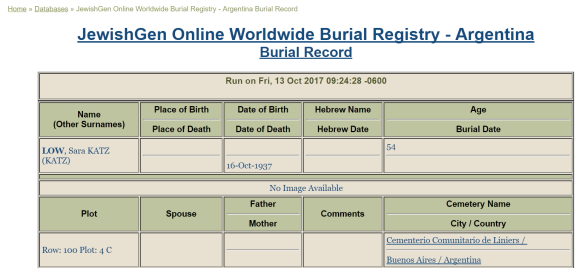 Burial information for Sara Katz Low