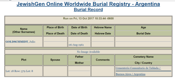 Julius Goldschmidt burial record JOWBR
